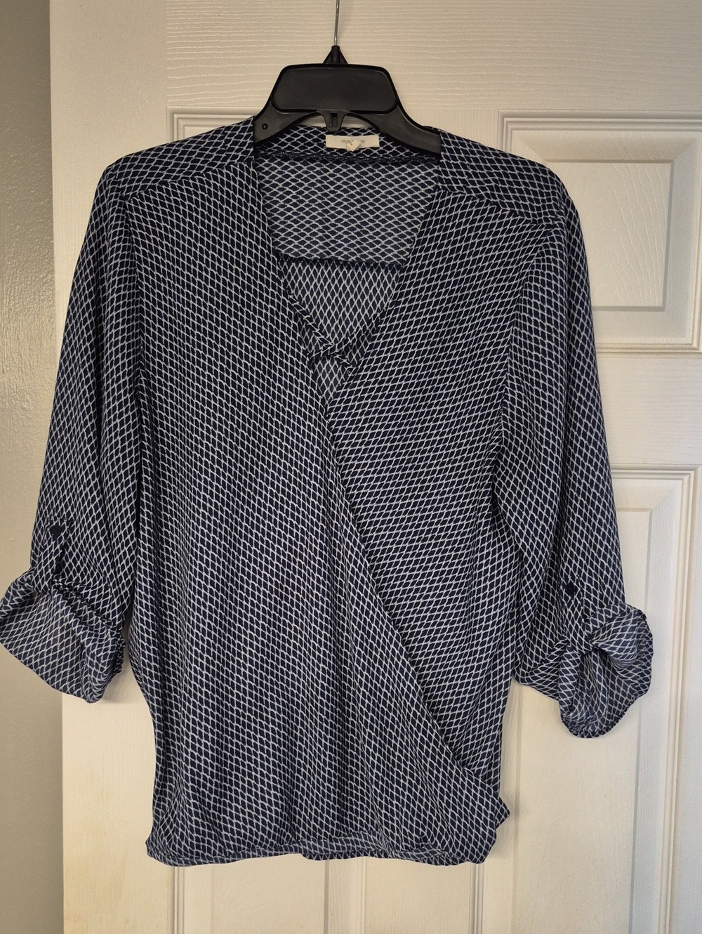 Maurices Navy & White Geometric Faux-Wrap Blouse